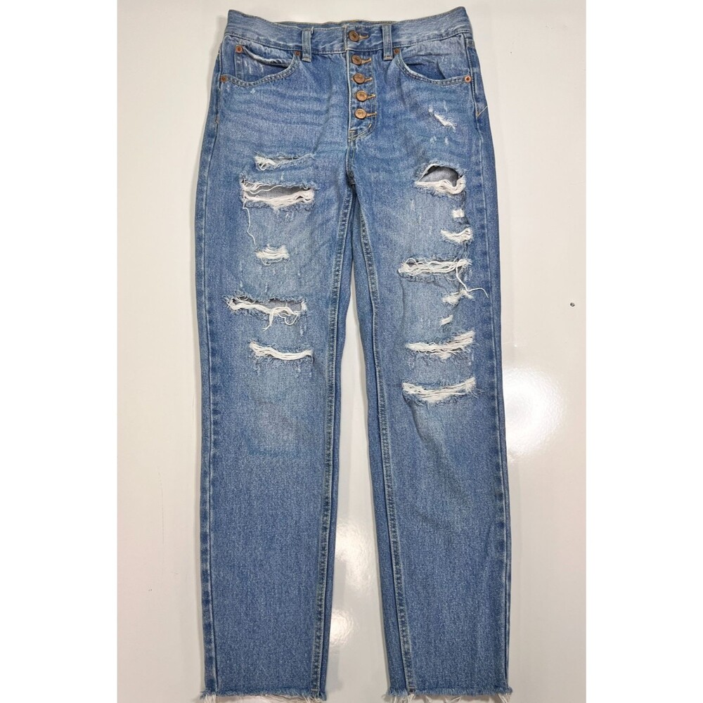 We The Free Free People Destroyed Boyfriend Jeans 25 Medium Wash Raw Hem 100%